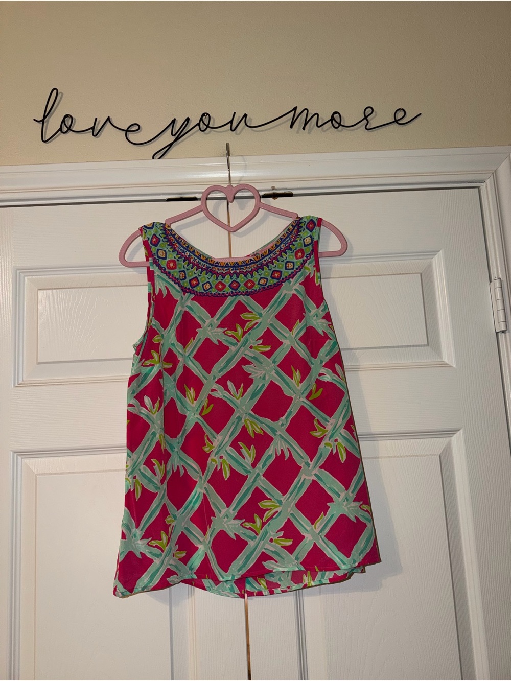 Lilly Pulitzer Pink Sleeveless Blouse with Green & Teal Lattice Print